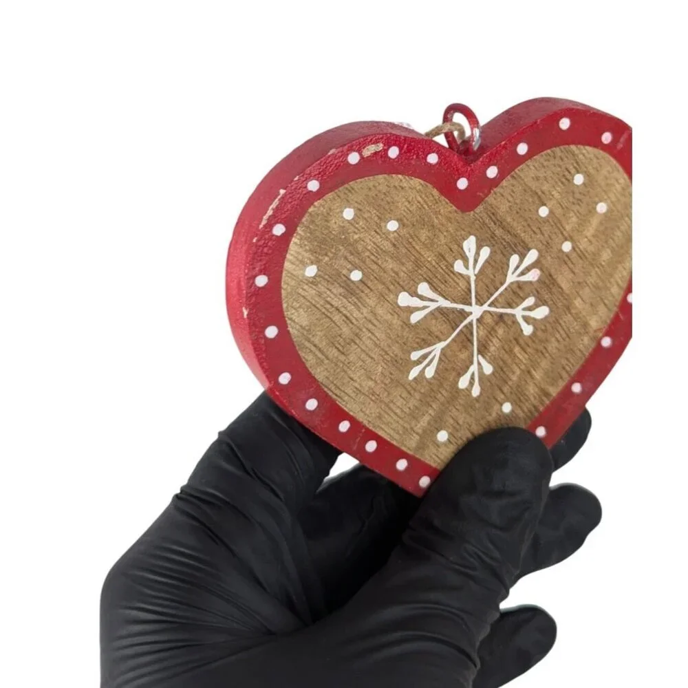 Christmas Ornaments Heart Tree Wood Hand Made Painted Rustic Cottage Farmhouse